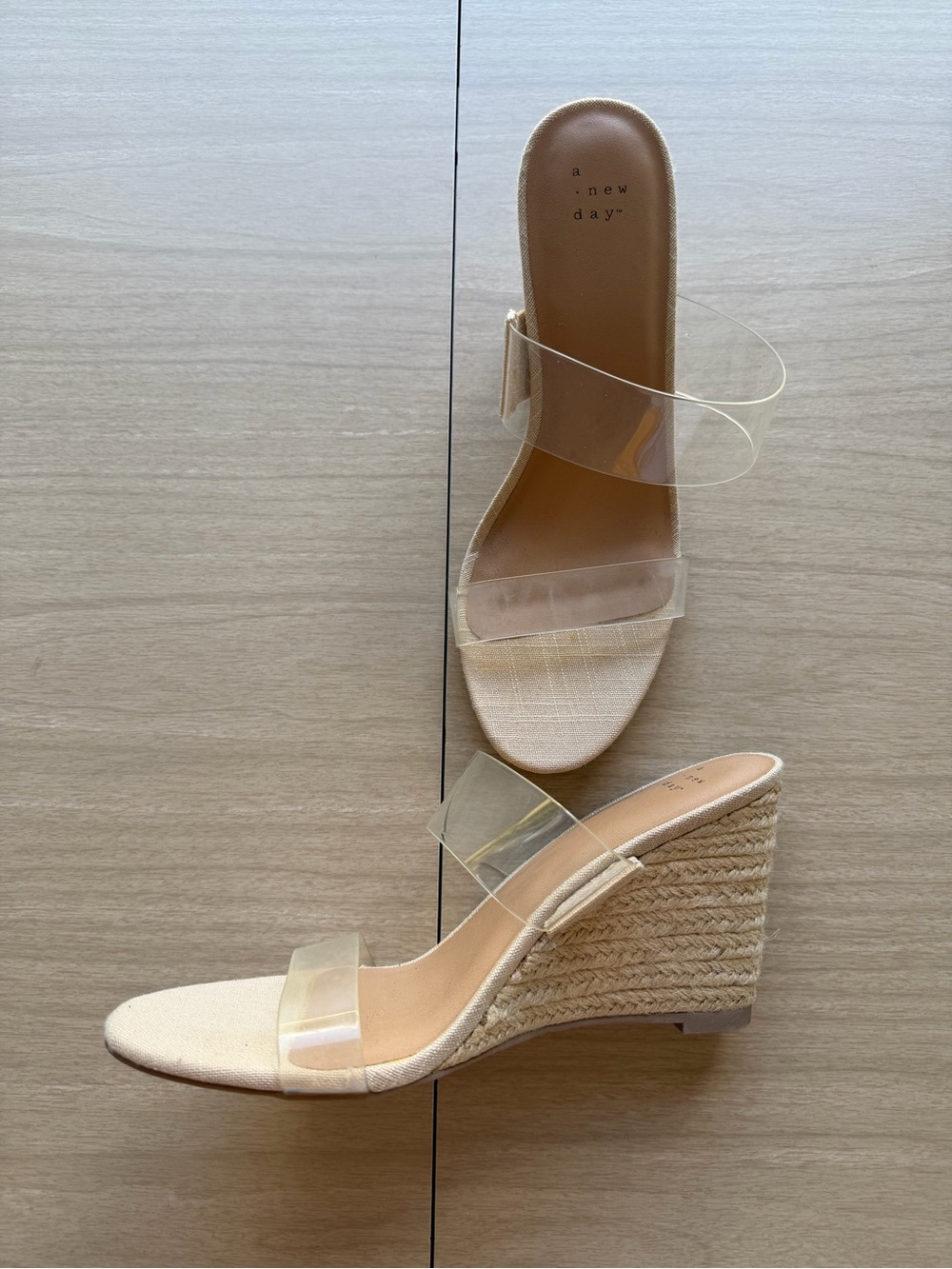 A New Day Women’s Neutral Beige Wedge Sandals with Clear Straps Size 10